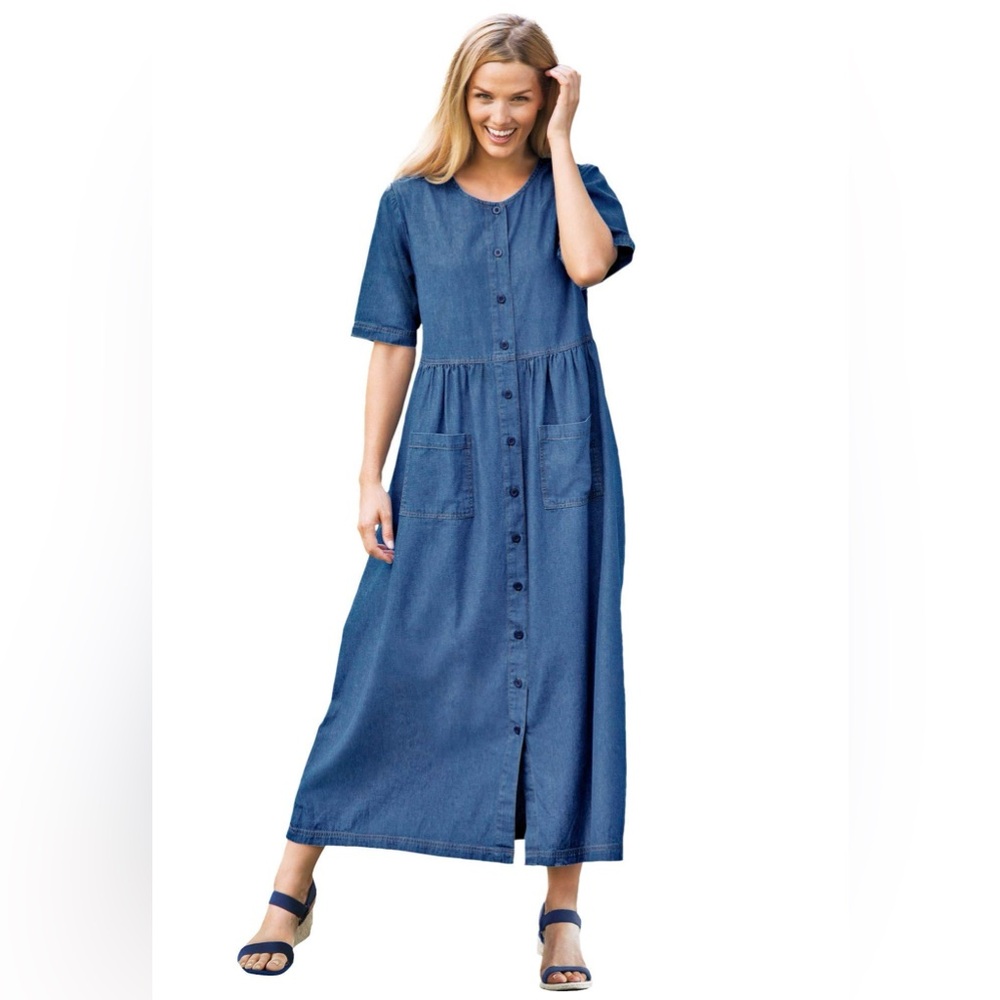 Woman Within Short Sleeve Denim Dress Button Front Sz 16W Modest